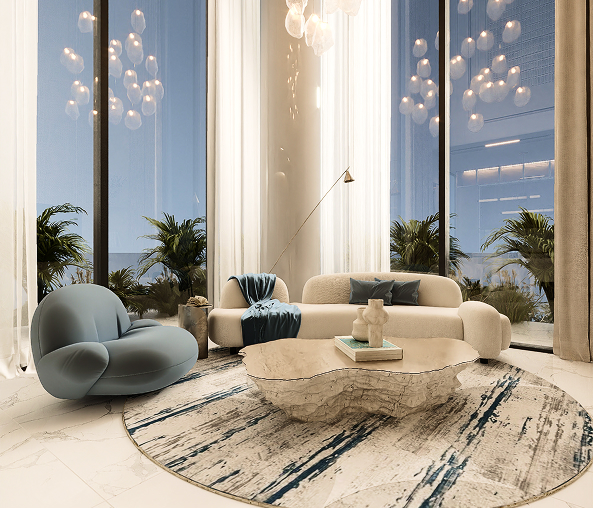 Luxury living room with curved sofa and city views