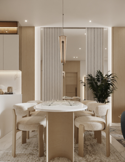 Modern minimalist dining area with round table and sculptural chairs