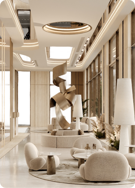 Luxurious modern lobby lounge with sculptural art and floor-to-ceiling windows